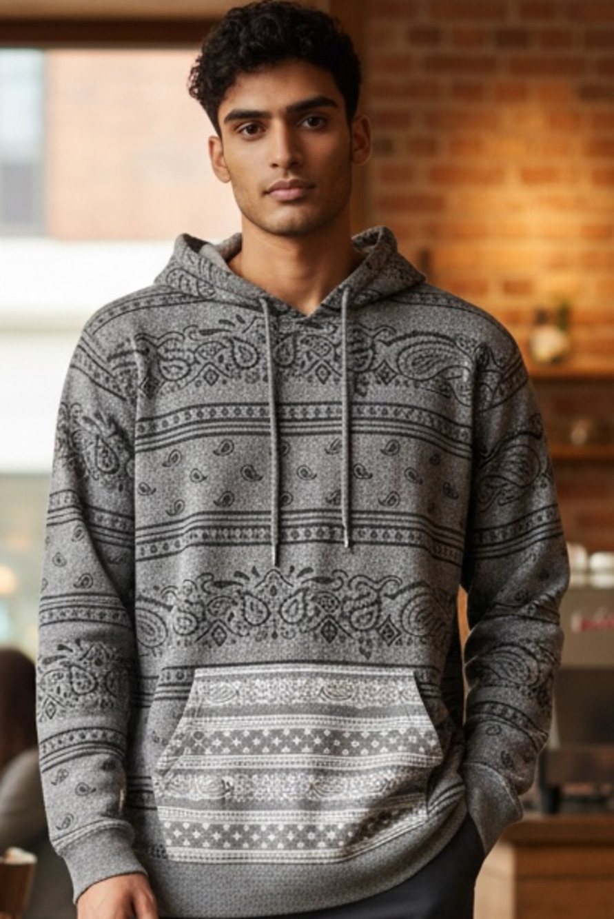 On The Byas Men's Gray Paisley Bandana Print Pullover Hoodie Size XL
